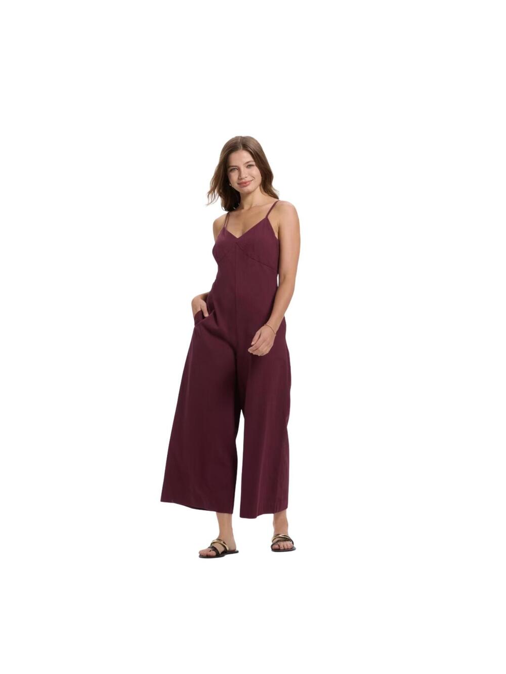 Sanctuary Burgundy Wide Leg Jumpsuit Womens Medium Flowy Boho Pockets Romper